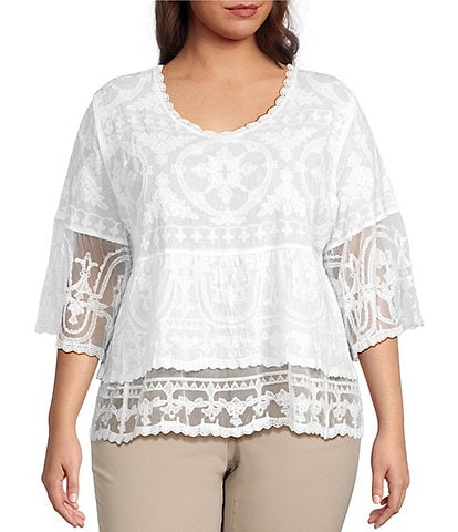 Democracy Plus Size Embroidered Woven Round Neck Scallop Trim 3/4 Sleeve Tiered Peplum Top