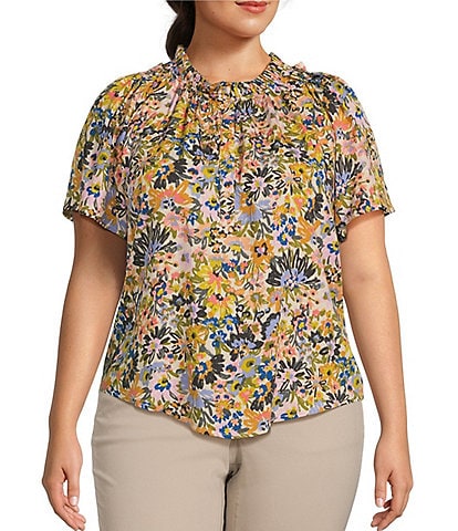 Democracy Plus Size Floral Print Ruffled Trim Notch Neck Short Bell Sleeve Top
