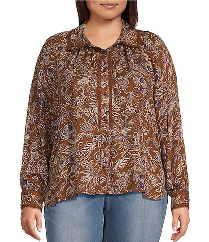 Democracy Plus Size Floral Woven Pont Collar Long Sleeve Crochet Inset Detail Shirt