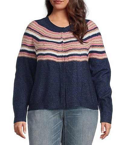 Democracy Plus Size Jacquard Abstract Placement Stripe Round Neck Long Sleeve Snap-Front Sweater Cardigan