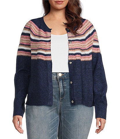 Democracy Plus Size Jacquard Abstract Placement Stripe Round Neck Long Sleeve Snap-Front Sweater Cardigan