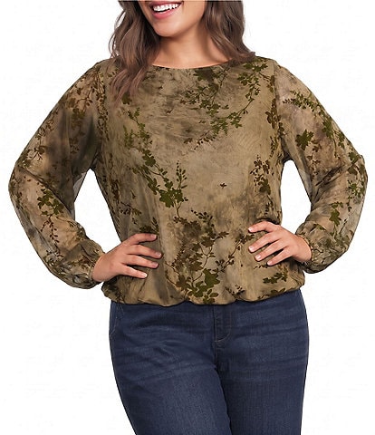 Democracy Plus Size Knit Floral Boat Neck Long Blouson Sleeve Bubble Hem Top