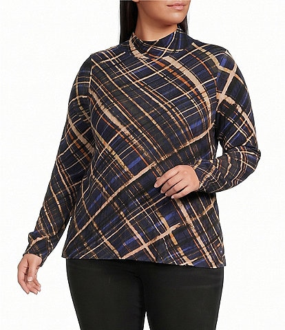 Democracy Plus Size Knit Plaid Turtle Neck Long Sleeve Top