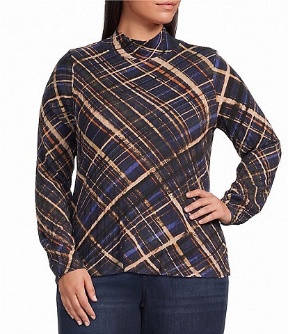 Democracy Plus Size Knit Plaid Turtle Neck Long Sleeve Top