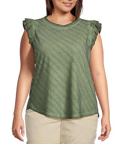 Democracy Plus Size Mineral Wash Knit Round Neck Double Ruffle Cap Sleeve Top