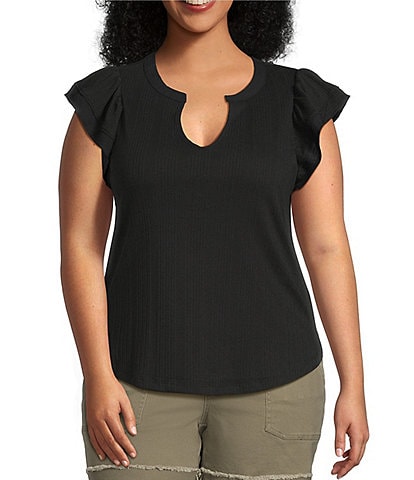 Democracy Plus Size Mix-Media Split V-Neck Cap Sleeve Shirttail Hem Knit Top