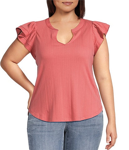 Democracy Plus Size Mix-Media Split V-Neck Cap Sleeve Shirttail Hem Knit Top