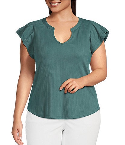 Democracy Plus Size Mix-Media Split V-Neck Cap Sleeve Shirttail Hem Knit Top