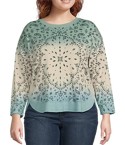 Democracy Plus Size Ombre Placement Print Crew Neck Long Sleeve Knit Top