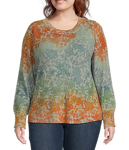 Democracy Plus Size Printed Crew Neck Long Puff Sleeve Sweater