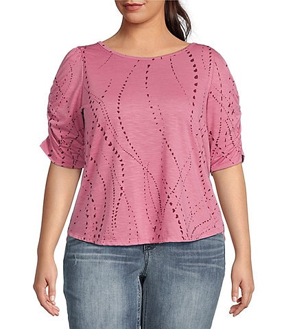 Democracy Plus Size Printed Crew Neck Ruched Elbow Sleeve Top