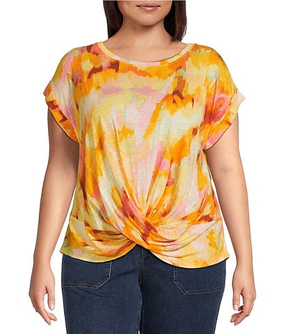 Democracy Plus Size Printed Scoop Neck Short Roll Cuff Sleeve Twist Front Hem Top