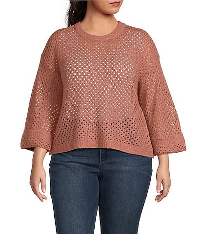 Democracy Plus Size Round Neck 3/4 Sleeve Openwork Sweater