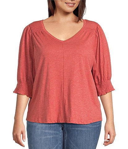 Democracy Plus Size Solid Relaxed Knit V-Neck Elbow Sleeve Top