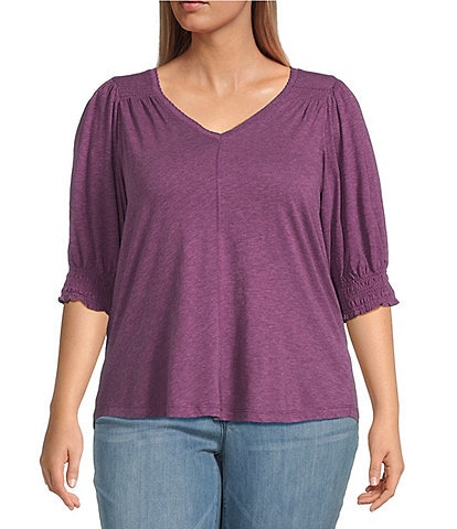 Democracy Plus Size Solid Relaxed Knit V-Neck Elbow Sleeve Top