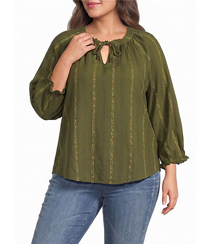 Democracy Plus Size Stripe Split V-Neck 3/4 Blouson Sleeve Top