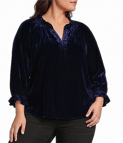 Democracy Plus Size Velvet Ruffle Edge Split Neck 3/4 Blouson Sleeve Embroidered Top