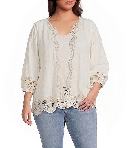 Democracy Plus Size Woven 3/4 Blouson Sleeve Crochet Framing Open-Front Crop Jacket