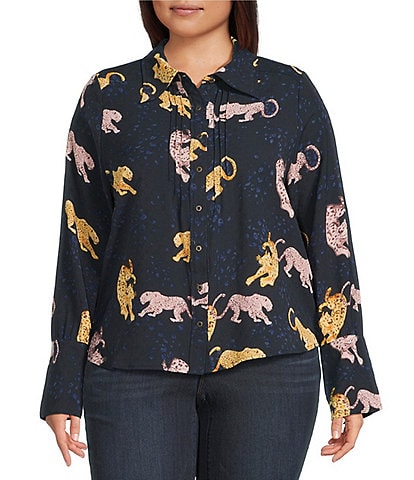 Democracy Plus Size Woven Animal Print Point Collar Long Sleeve Button Front Shirt