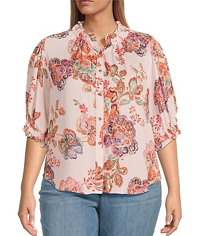 Democracy Plus Size Woven Floral Paisley Split V-Neck Elbow Sleeve Button-Front Top