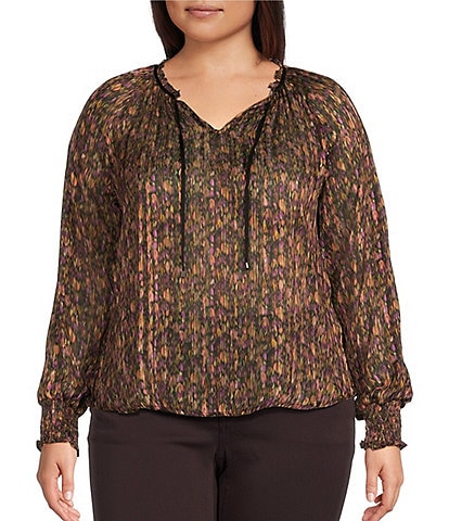 Democracy Plus Size Woven Geo Print Ruffled Split V-Neck Long Smocked Sleeve Top