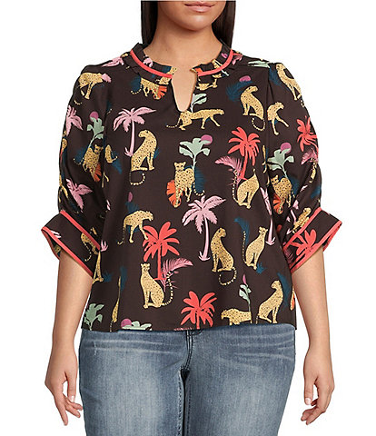 Democracy Plus Size Woven Printed Ruffle Split V-Neck Ruched Elbow Sleeve Top