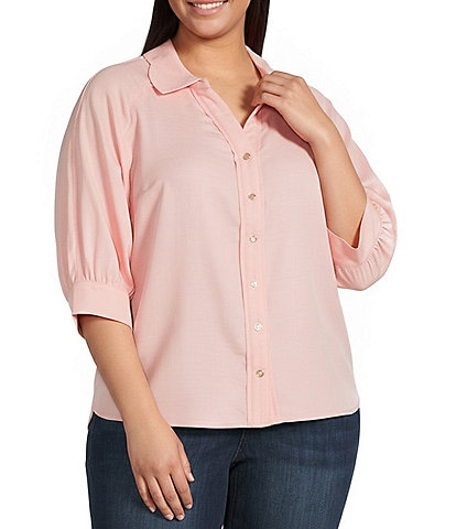 Democracy Plus Size Woven Solid Point Collar 3/4 Sleeve Shirt