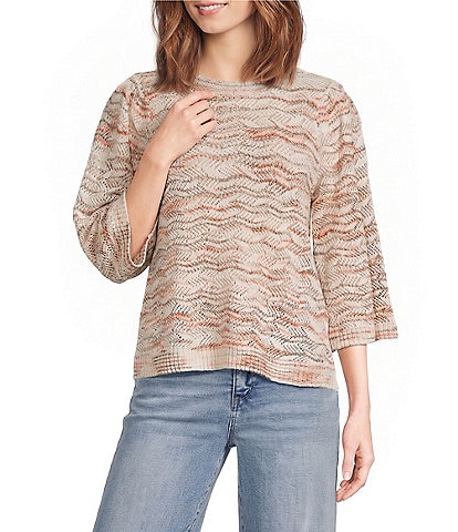Democracy Pointelle Space Dye Crew Neck 3/4 Bell Sleeve Sweater