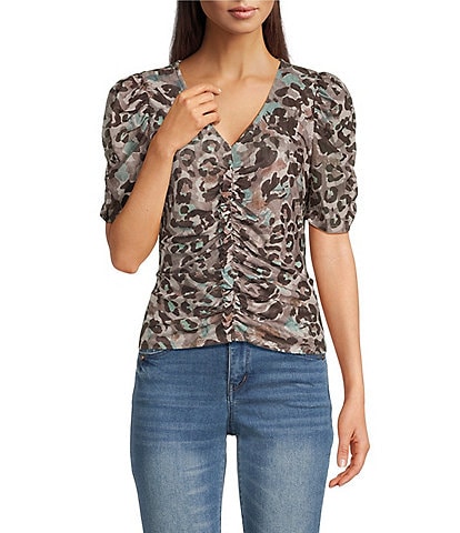 Democracy Ruched Mesh Knit Animal Print V-Neck Short Sleeve Top