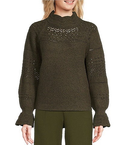 Democracy Scallop Edge Mock Neck Long Bell Sleeve Pointelle Stitch Mix Wool Blend Sweater