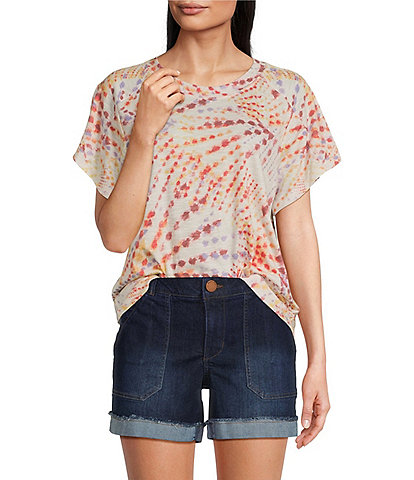 Democracy Tie-Dye Floral Knit Crew Neck Short Sleeve Boyfriend Tee Shirt