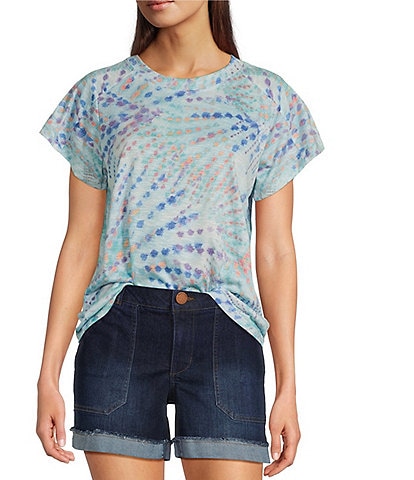 Democracy Tie-Dye Floral Knit Crew Neck Short Sleeve Boyfriend Tee Shirt