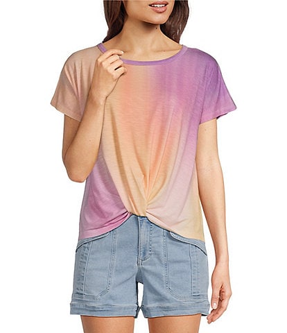 Democracy Tie-Dye Knit Scoop Neck Short Sleeve Twist Front Hem Knit Top