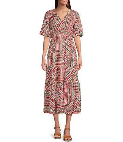 Democracy Woven Abstract Stripe Print V-Neck 3/4 Bubble Sleeve Tiered A-Line Midi Dress