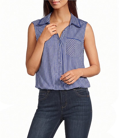 Democracy Woven Spliced Stripe Point Collar Sleeveless Button-Front Shirt