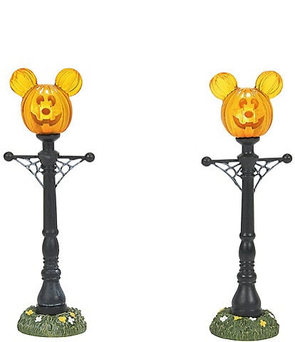 Department 56 Disney Village Halloween Accessories Pumpkintown Mickey Mouse Street Lights Lit Figurine, Set of 2