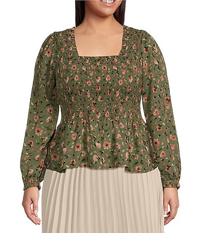 Dex Clothing Plus Size Long Sleeve Floral Printed Smocked Woven Top