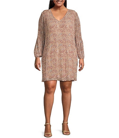 Dex Plus Paisley Printed Long Sleeve Pleated A-Line Dress