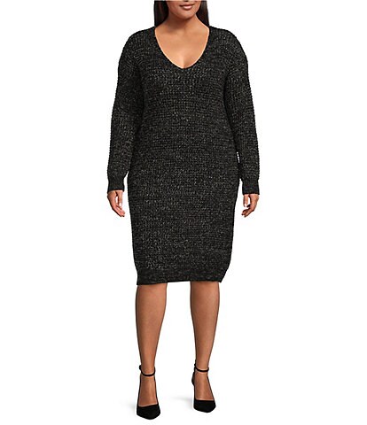 Dex Plus Size V-Neck Long Sleeve Sweater Dress