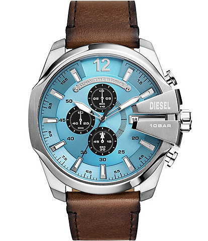 Diesel Men's Blue Dial Mega Chief Chronograph Brown Leather Watch