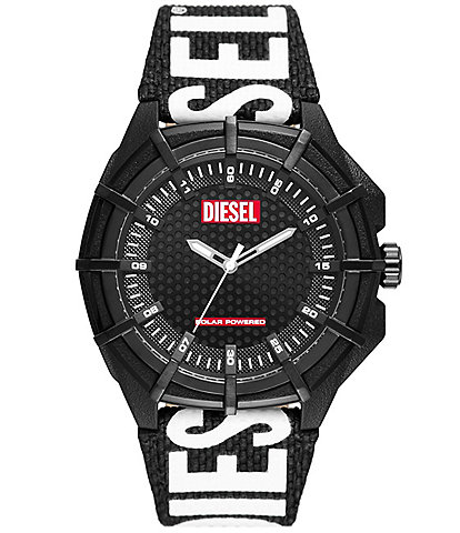 Diesel Men's Framed Solar-Powered Three Hand Black Leather Strap Watch