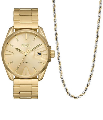 Diesel Men's MS9 Three-Hand Date Gold-Tone Stainless Steel Bracelet Watch and Necklace Set