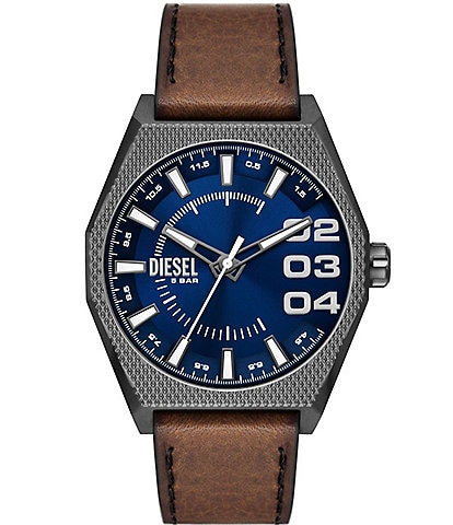 Diesel Men's Scraper Three-Hand Brown Leather Blue Dial Strap Watch