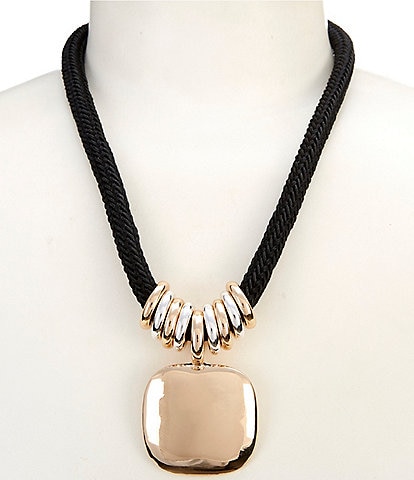 Dillard's Braided Jet Cord Polished Metal Square Short Pendant Necklace