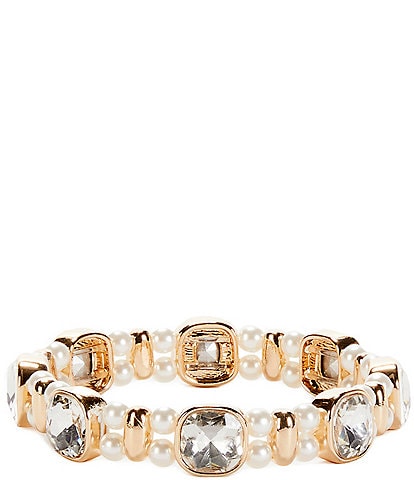 Dillard's Crystal Square Stone Double Pearl Stretch Bracelet