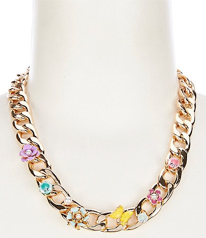 Dillard's CZ Multi Color Spring Floral Frontal Curb Chain Collar Necklace