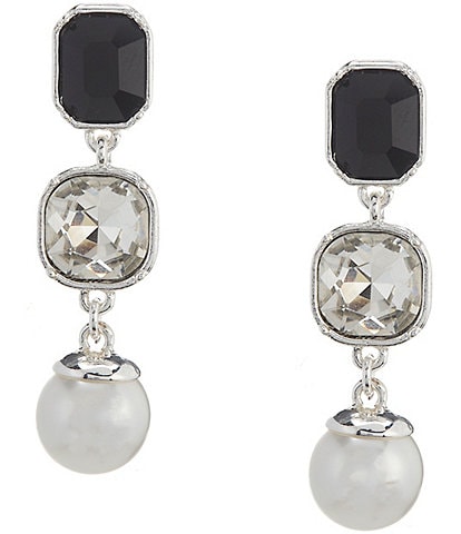 Dillard's Jet & Crystal Faceted Square Stone Pearl Drop Earrings