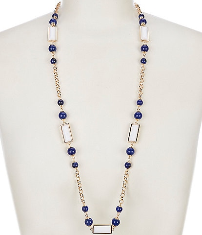 Dillard's Navy Bead & White Rectangular Stone Station Long Strand Necklace