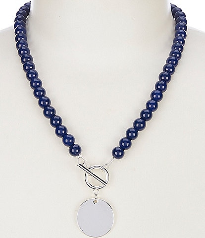 Dillard's Navy Glass Bead Polished Disc Drop Short Pendant Necklace