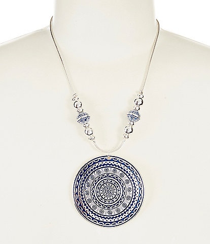Dillard's Navy Wash Multi Textured Round Short Pendant Necklace